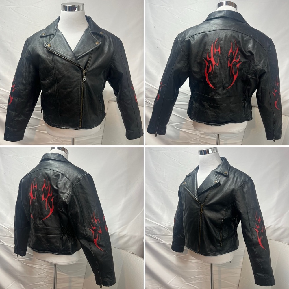 Vance Leathers Men’s XL Black Leather Flames Cut Outs Biker Moto Jacket Vintage